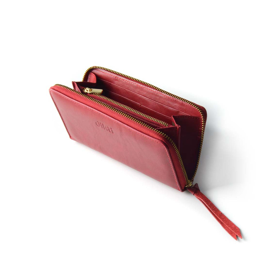 billetero de piel kos fotografiado abierto alta calidad premium leather wallet in red color 