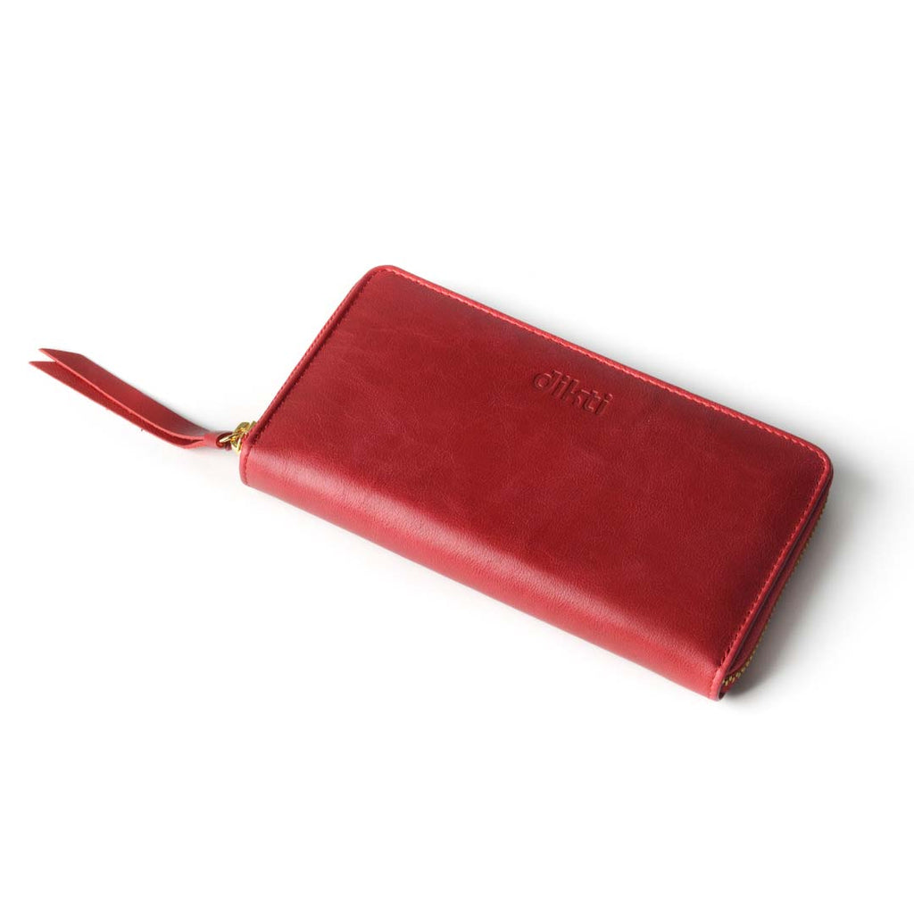 billetero de piel kos rojo red leather wallet stamped with dikti logo 