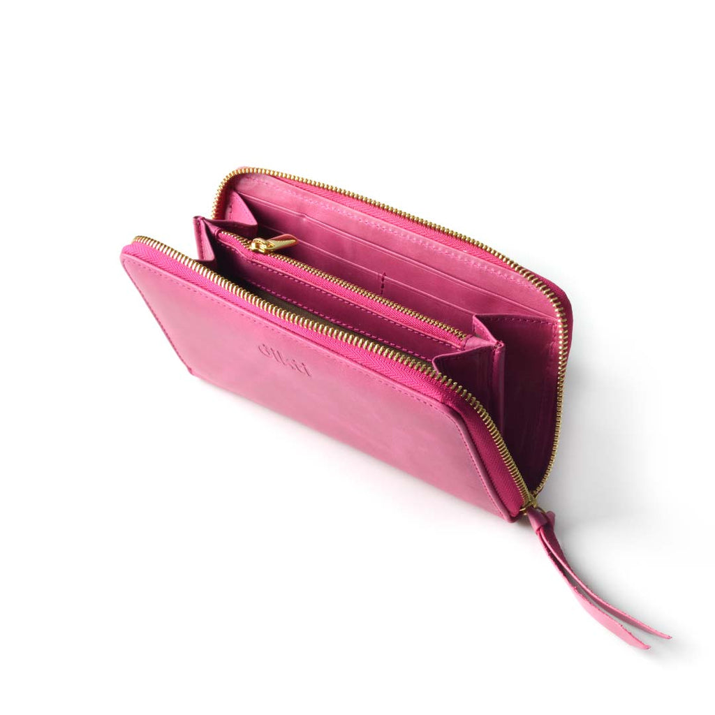 billetero de piel quios abierto leather wallet in pink color 
