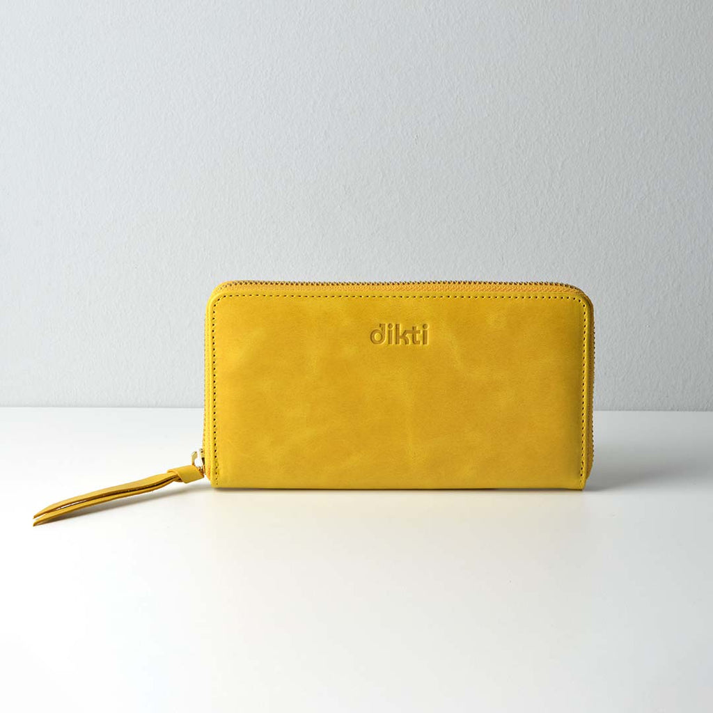 billetero de piel rodas frontal leather wallet in yellow color